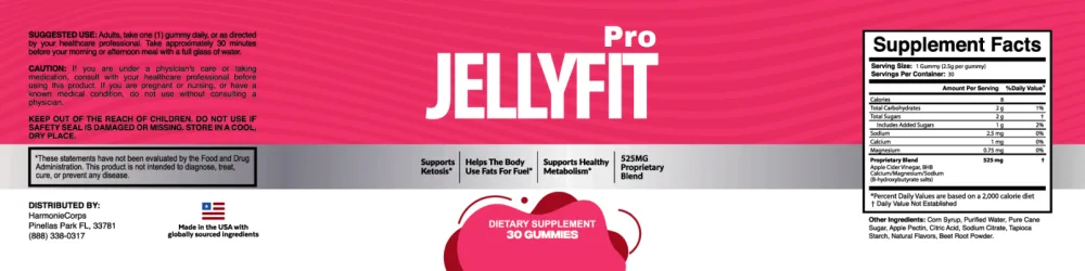 Official JellyFit Pro Advanced Formula label — suggested use, warnings and the full Supplement Facts panel